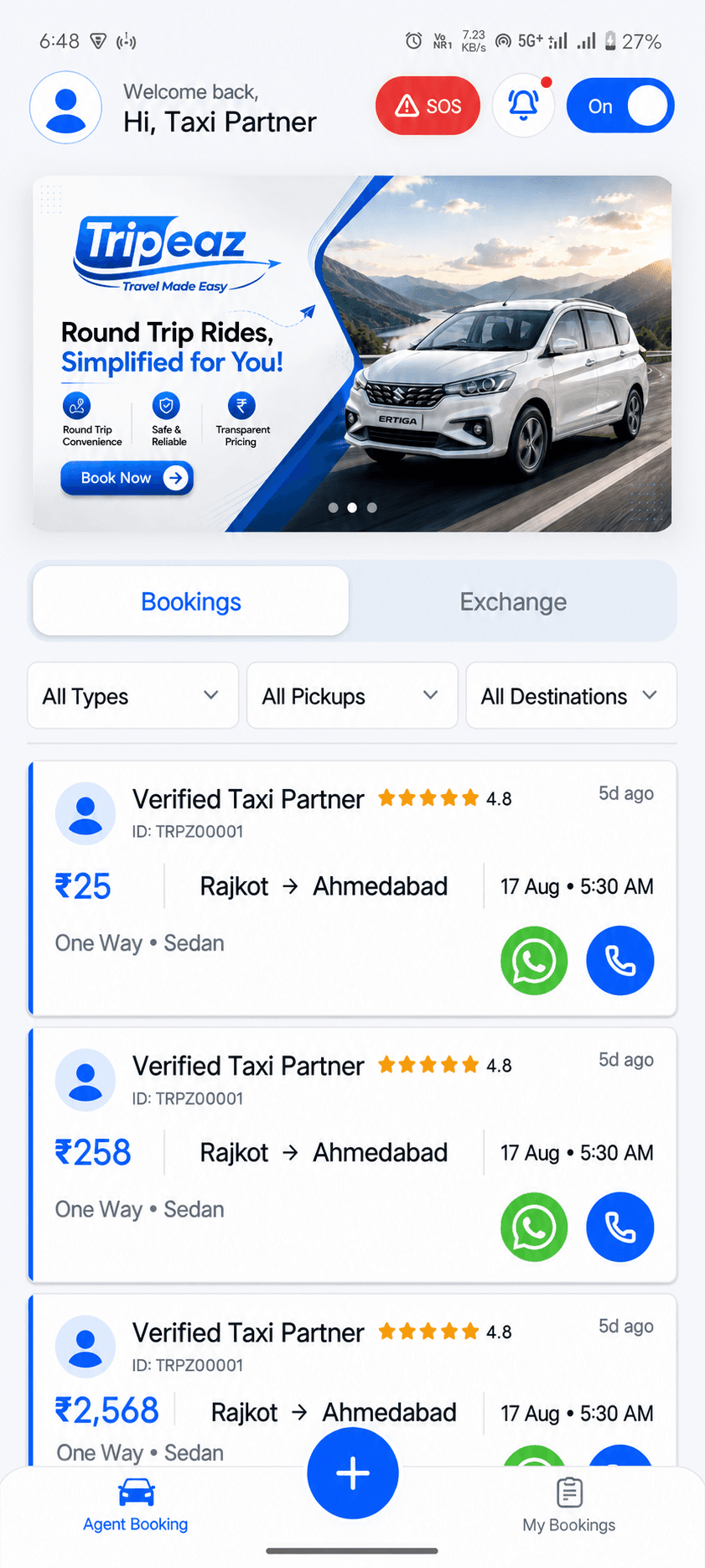 Tripeaz Taxi Partners mobile application home screen